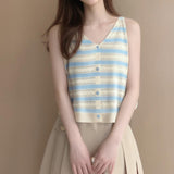 2026 Summer New Fashion V-Neck Hollow Wave Side Bump Color Buckle Sling Sling Ice Silk Knit Vest Woman