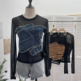 Real Shooting Spice Girls Irregular Hairy Denim Splicing Perspective Mesh Long Sleeves Bottom Shirt Short T-Shirt 8978