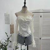 French Retro Pearl Shoulder Lace Lace Top With Bra Cushion Shoulder Long Sleeve Short Shirt 8858