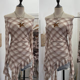 Vintage One-Word Shoulder Long-Sleeved T-Shirt Babes Net Embroidery Irregular Ribbon Dress 12901