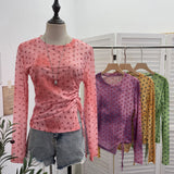 Net Yarn Sunscreen T-Shirt T-Shirt Print Waist Drawstring Tethered Slim Long-Sleeved T-Shirt Top 2732