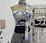 Real Shot Lace Spliced Leopard Hanging Neck Sling Waistcoat With Bra Pad Hottie Short Sleeveless Top 8108