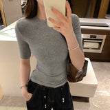 Don't Hit The Pink Round Collar Straight Shoulder T-Shirt For Women's Summer Commute New Slim Slimmed-Sleeved Top