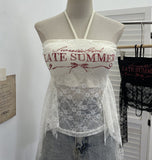Real-Patting Hottie With Chest Cushion Letter Print Hanging Neck Sling Vest Irregular Ribbon Ribbon Sleeveless Lace Top 1285