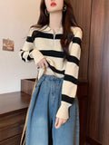 Crash Striped Semi-Zip Polo Collar Knitted Shirt Girl Spring And Autumn And Winter Loose Lazy Wind Outside Long-Sleeved Sweater Coat