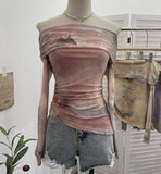 Real Shooting Design Dizzling A Word On The Shoulder Of The Women's Net Exposed Shoulder Long Sleeves Irregularly Folded Short T-Shirt 1198