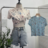Real Shooting Retro Tie-Dye Double-Layer Mesh Half-High-Neck Short-Sleeved T-Shirt T-Shirt Short-Sleeved T-Shirted Woman 8833