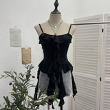 Dark Wasteland To Make Old Hole Slings Vest Irregular Lotus Side Ribbon Short Sleeveless Top 9238