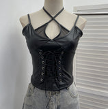 Real Shooting Locomotive Punk Pu Splicing Fishing Net Hanging Neck Sling Vest Babes Wearing Rope Repair Short Blouse 8106
