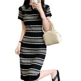 Striped Collar Short-Sleeved Knitted Dress Girl Summer Korean Version Sweet Cute Thin Waist Temperament Mid-Long Dress Girl