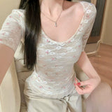 Pure Lust Wind Mesh Fake Two-Sleeved T-Shirt Girl Summer New Slimmed Hot Girl U Collar Broken Lace Top