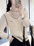 Vintage Mahjong Flower Short V-Neck Knitted Sweater Vest Vest Women Spring And Autumn Folding Over The Outside Of The College Style Top