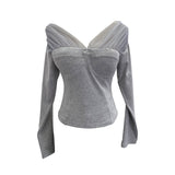 Real Shot With Chest Pad Mesh Splicing V-Neck Long Sleeve Bottom Shirt T-Shirt T-Shirt-Dressed Short-Sized Two-Piece T-Shirt Girl 2806