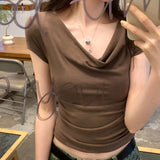 Design-Sensitive Niche Collar Slimming Elastic Short-Sleeved T-Shirt For Women's Summer 2025 New Hot Girl Short Top