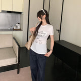 Spice Girls Shoulder Collar Letter Repair White Short-Sleeved T-Shirt Women's Summer 2026 New Super-Good-Looking Top